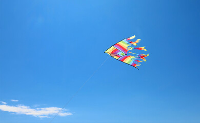 kite with the colors of the rainbow flies free in the blue sky symbol of hope and freedom