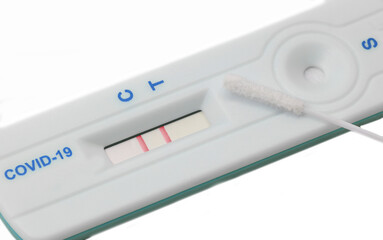 nasal swab and the rapid test kit for diagnosis of coronavirus with two lines of  positive symptom