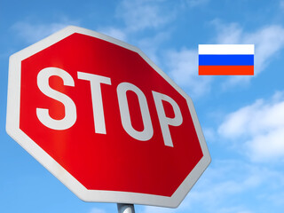 Stop sign with the flag of Russia, symbol against war
