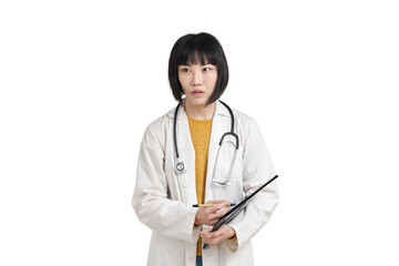 Fototapeta premium Young asian female doctor surprised and looking at a side, isolated.