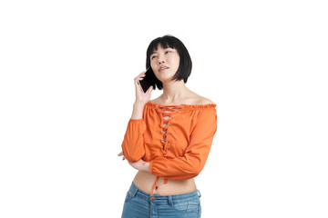 Young asian woman talking on the smartphone, isolated.