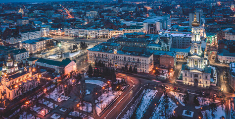 Orthodox Dormition Cathedral in snowy Kharkiv, Ukraine