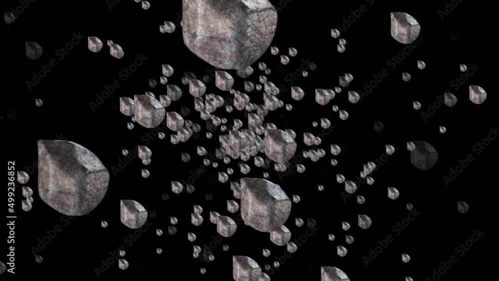 Poster abstract flying stones with a beautiful shade of different planets move randomly in endless space. s