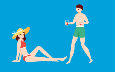People in swimsuits sunbathing on the beach in summer, vector illustration