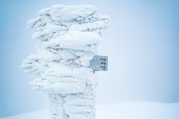 Icy signpost on touristic hiking trail on clear sky background
