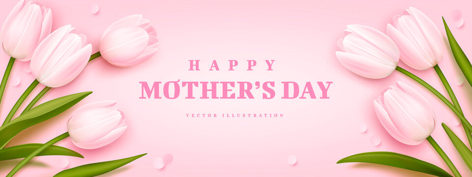 Mother's day greeting background with realistic tulips. Vector illustration for poster, brochures, booklets, promotional materials, website