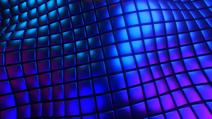 Abstract blue background, 3D squares pattern waves, technology field of cubes, neon glowing texture on black, 3D render illustration background.