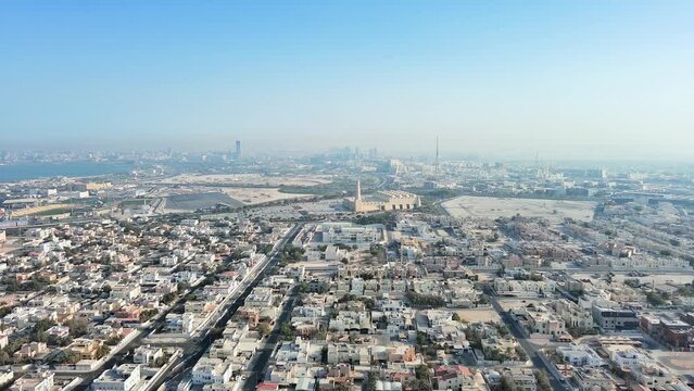 Doha, Qatar: Aerial view of capital city of Qatar - landscape panorama of Arabian Peninsula from above, West Asia