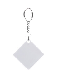 White empty square key holder with metal ring isolated on white background
