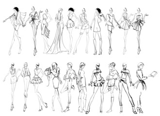 Set of young beautiful women in stylish clothes. Sale concept. Hand-drawn fashion illustration. Fashion sketch.