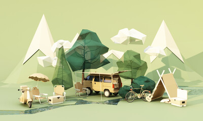 low poly cartoon part Mobile homes and tents In the national park, there are bicycles, ice buckets, guitars and chairs, and trees with clouds and mountains in the background. green tone 3d render