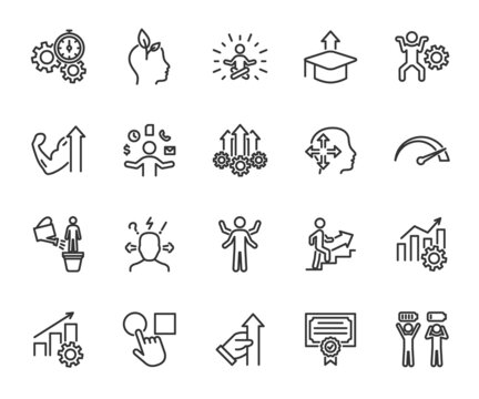 Vector set of efficiency line icons. Contains icons productivity, personal growth, multitasking, burnout, stress resistance, professional development, performance and more. Pixel perfect.