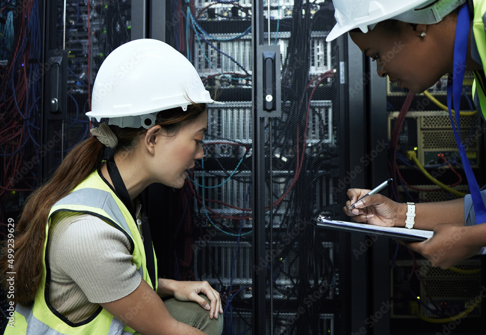 Poster Lets make a note and come back to it. Cropped shot of two attractive female programmers working in a server room.