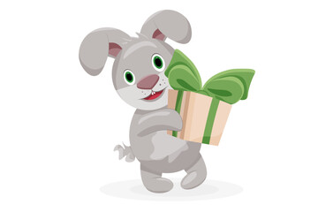 Vector little bunny is holding a gift. Gray rabbit holds a gift with a green bow. Hare with a gift on a transparent background.