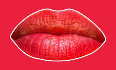 Glossy lips, beautiful woman mouth, sensual sexy lip. Lipstick or lipgloss. Close up, macro with beautiful mouth, sensual lips, isolated on red.