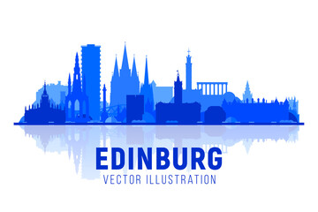 Edinburgh Scotland (UK) city silhouette with panorama on white background. Vector Illustration. Business travel and tourism concept with modern buildings. Image for banner or website.