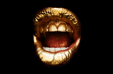 Screaming gold mouth isolated, shouting golden mouth close up. Sensual woman golden lips.
