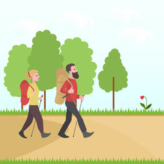 Man and woman with backpack walks in forest or park. Vector cartoon image.