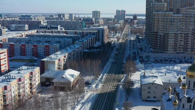 Surgut city in winter. Cathedral of the Transfiguration of the Lord. Aerial view.