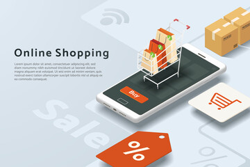 Online shopping via smartphone, paper bags on cart, parcel box, credit card, icon shopping cart