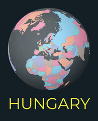 World map centered to Hungary. Red country highlighted. Satellite world view centered to country with name. Vector Illustration.