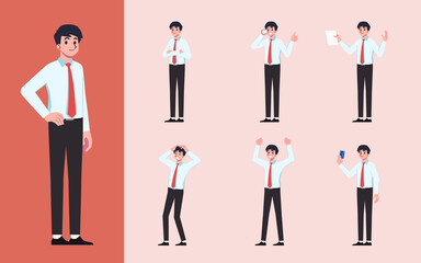 Set of Flat design businessman in many gesture isolated on white background. Business people in different pose in workplace. Character with separate body part for easy to animate in animation program.