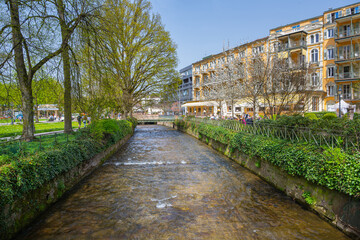 View of the Atlantic hotel and the river oos in Baden Baden, Baden Wuerttemberg, Germany