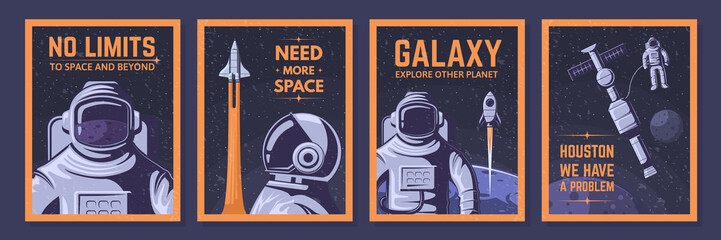 Astronaut posters. Space explorer, cosmos adventures and open space vector illustration set © WinWin