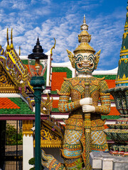 Bangkok, Thailand - 13 April 2022 : Giant guardian of Wat Phra Kaew It is an ancient, beautiful art located in the Grand Palace. Bangkok, Thailand