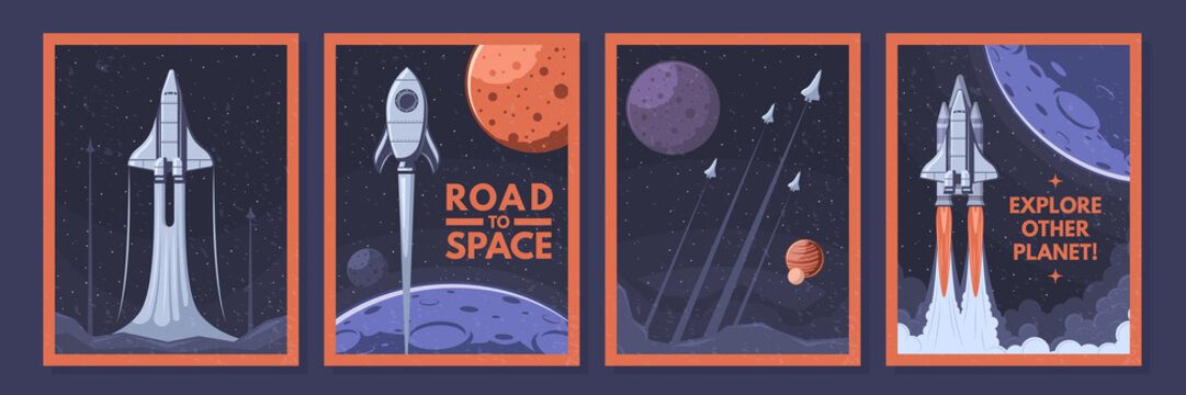 Space shuttle and rockets posters. Rocket launch, explore other planet and road to space vector illustration set