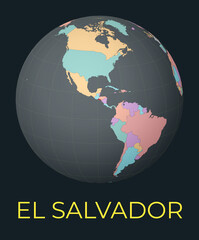 World map centered to Republic of El Salvador. Red country highlighted. Satellite world view centered to country with name. Vector Illustration.