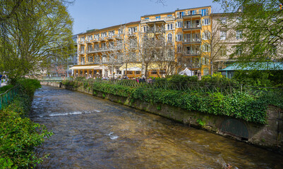View of the Atlantic hotel and the river oos in Baden Baden, Baden Wuerttemberg, Germany