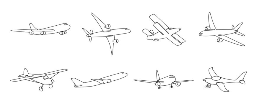 One line airplane. Travel aviation, private plane and airlines linear sketch vector illustration set
