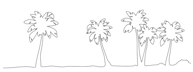 Coconut palm trees, vector illustration in continuous line drawing style.