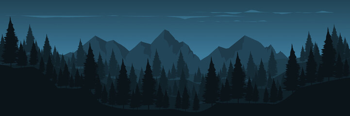 mountain landscape with pine tree silhouette flat design vector banner template good for game art, web banner, ads banner, tourism banner, wallpaper, background template, and adventure design backdrop