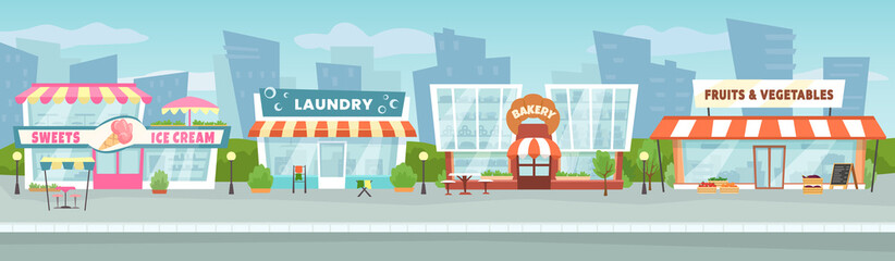 Street shops. Market street around town road, city downtown with local shop buildings vector illustration