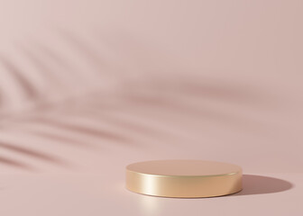 Round golden podium on pink background, with palm leaves shadows. Podium for product, cosmetic presentation. Mock up. Pedestal or platform for beauty products. Empty scene. 3D rendering.