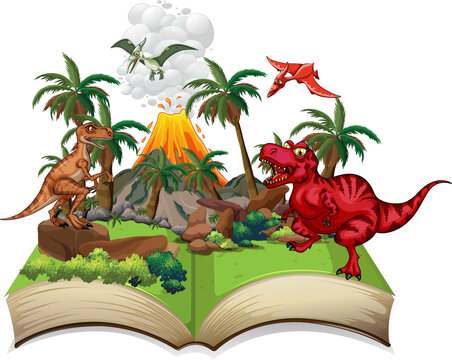 Storybook with dinosaurs in the woods