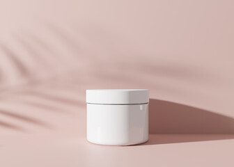 White and blank, unbranded cosmetic cream jar with leaves shadows on pink background. Skin care product presentation. Elegant mockup. Skincare, beauty and spa. Jar with copy space. 3D rendering.