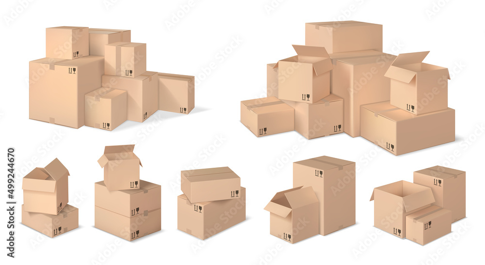 Poster realistic box stack. stacked cardboard boxes, parcel pile and realistic 3d box vector set