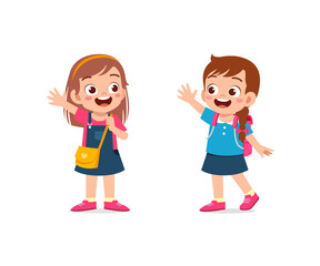 Fototapeta premium little kid say hello to friend and go to school together