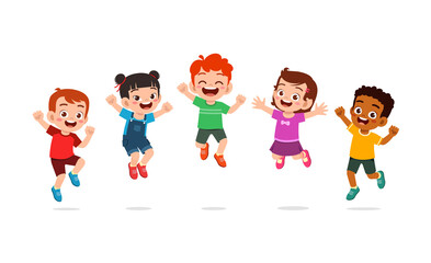 little kids jump together and feel happy