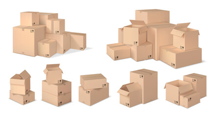 Realistic box stack. Stacked cardboard boxes, parcel pile and realistic 3d box vector set - obrazy, fototapety, plakaty