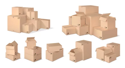Foto op Canvas Realistic box stack. Stacked cardboard boxes, parcel pile and realistic 3d box vector set © WinWin