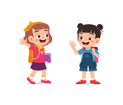 little kid say hello to friend and go to school together