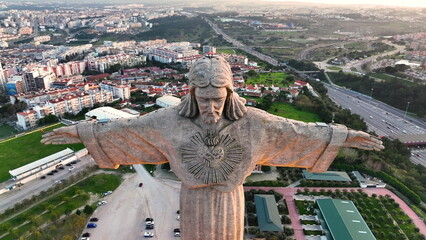 Drone flight around the statue of Jesus Christ in Lisbon. Jesus monument