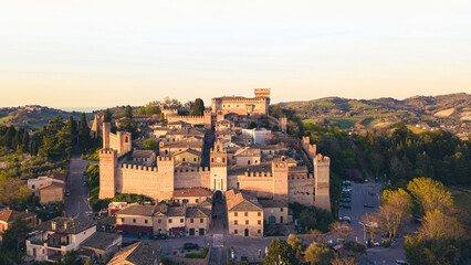 Italy, April 2022: aerial view of the medieval village of Gradara in the province of Pesaro in the...