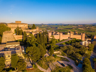 Italy, April 2022: aerial view of the medieval village of Gradara in the province of Pesaro in the...