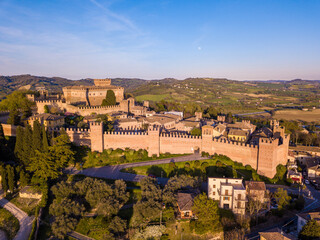 Italy, April 2022: aerial view of the medieval village of Gradara in the province of Pesaro in the...