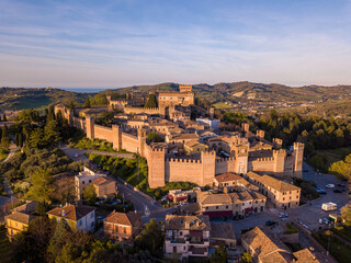 Italy, April 2022: aerial view of the medieval village of Gradara in the province of Pesaro in the...